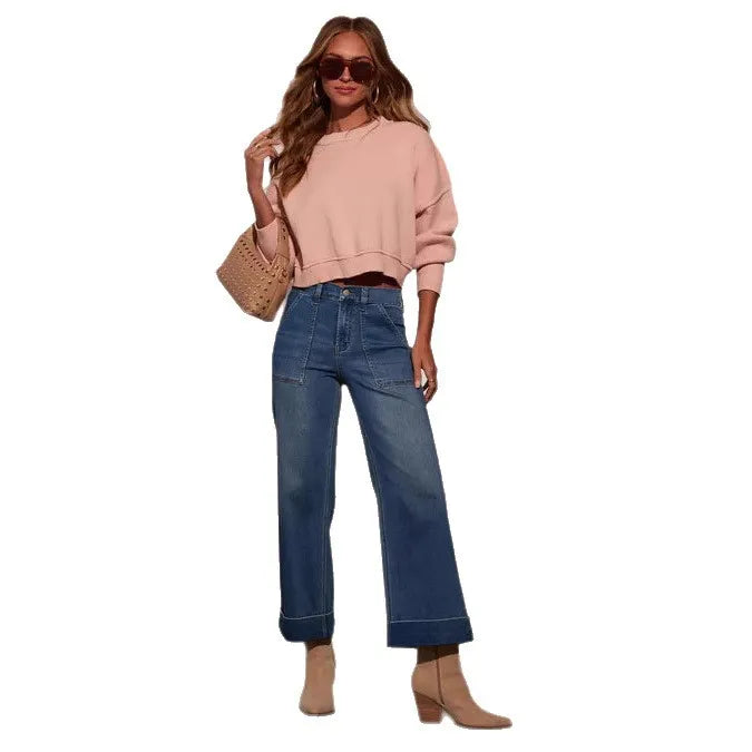 Casual Patch Pocket Wide Leg Denim Pants