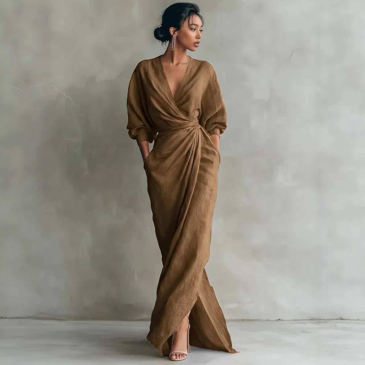 Wrap V Neck Long Sleeve Tie Waist Linen Maxi Dress