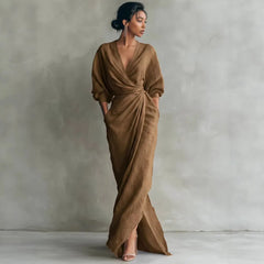 Wrap V Neck Long Sleeve Tie Waist Linen Maxi Dress