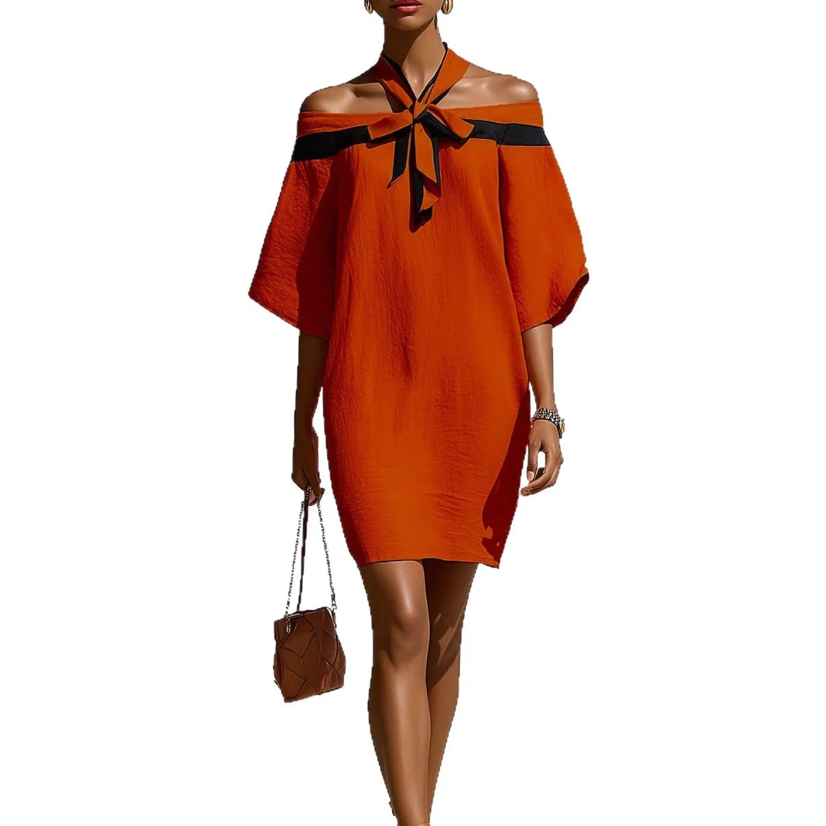 Off Shoulder Bow Tie Contrast Trim Batwing Sleeve Mini Dress