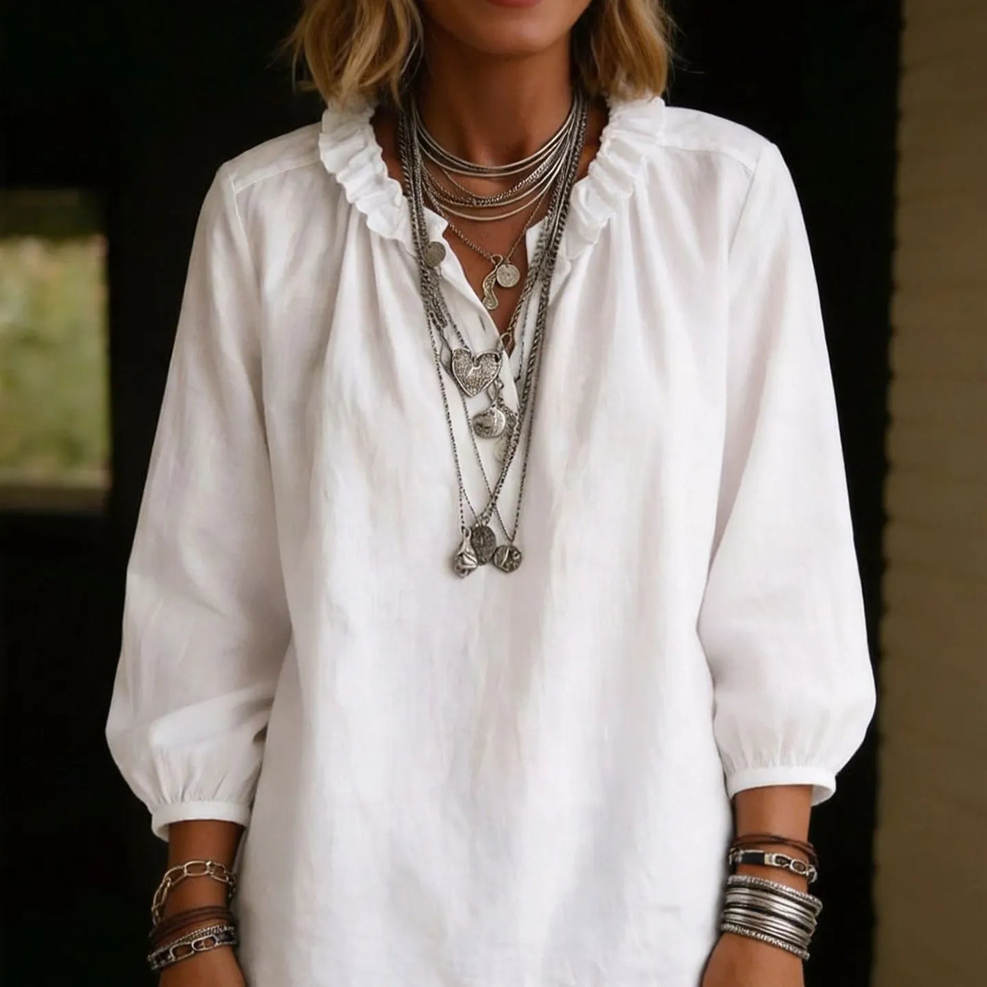 Ruffle Stand Collar Half Button Puff Three-Quarter Sleeve Solid Polyester Blouse