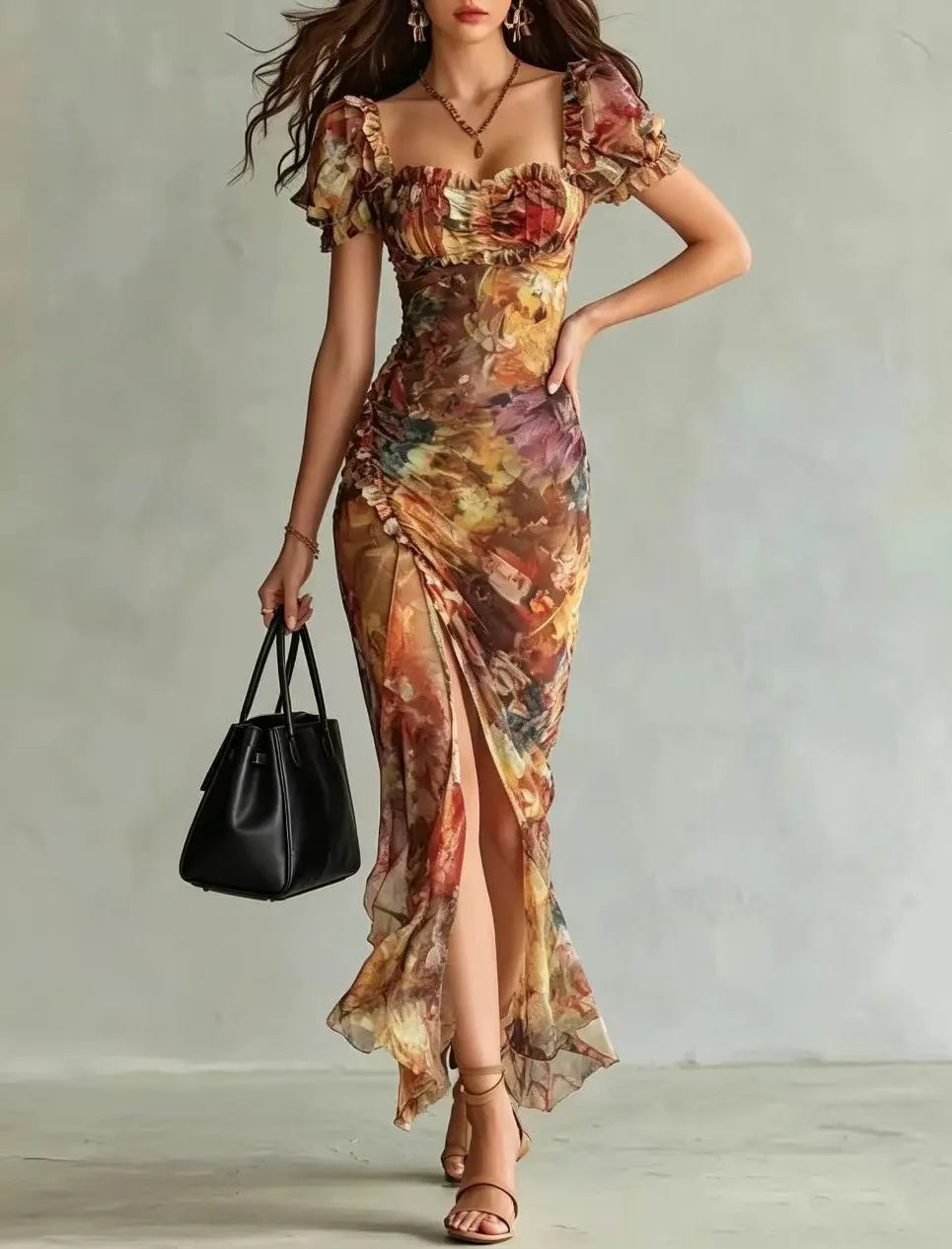 Square Neck Puff Sleeve Vintage Oil Painting Floral Print Ruched Split Mermaid Maxi Dress