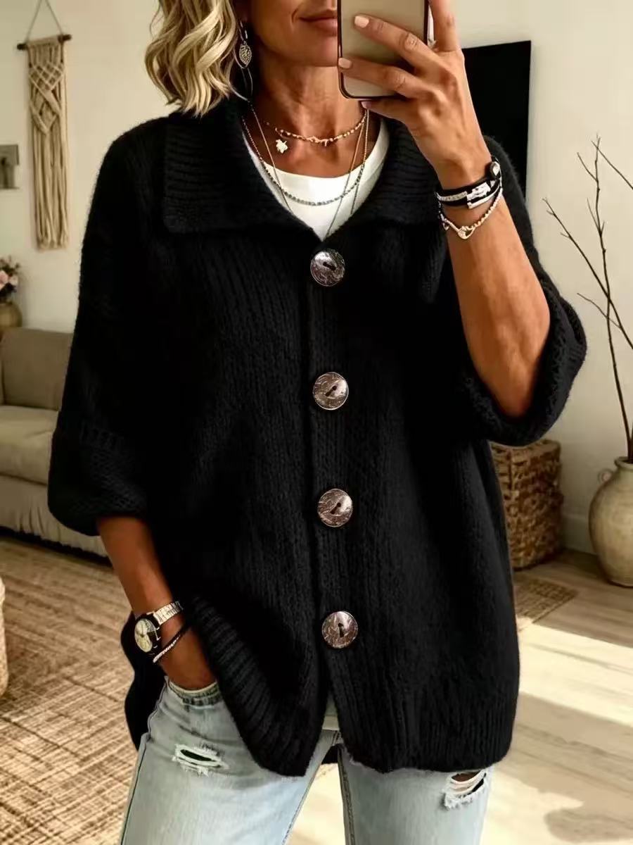 Lapel Collar Button Down Knit Cardigan, 3/4 Sleeve Loose Ribbed Knit Sweater Coat