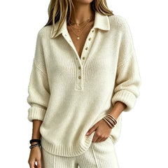 Polo Collar Henley Knit Top, Relaxed Fit Half Placket Cozy Thick Knit Fall Sweater
