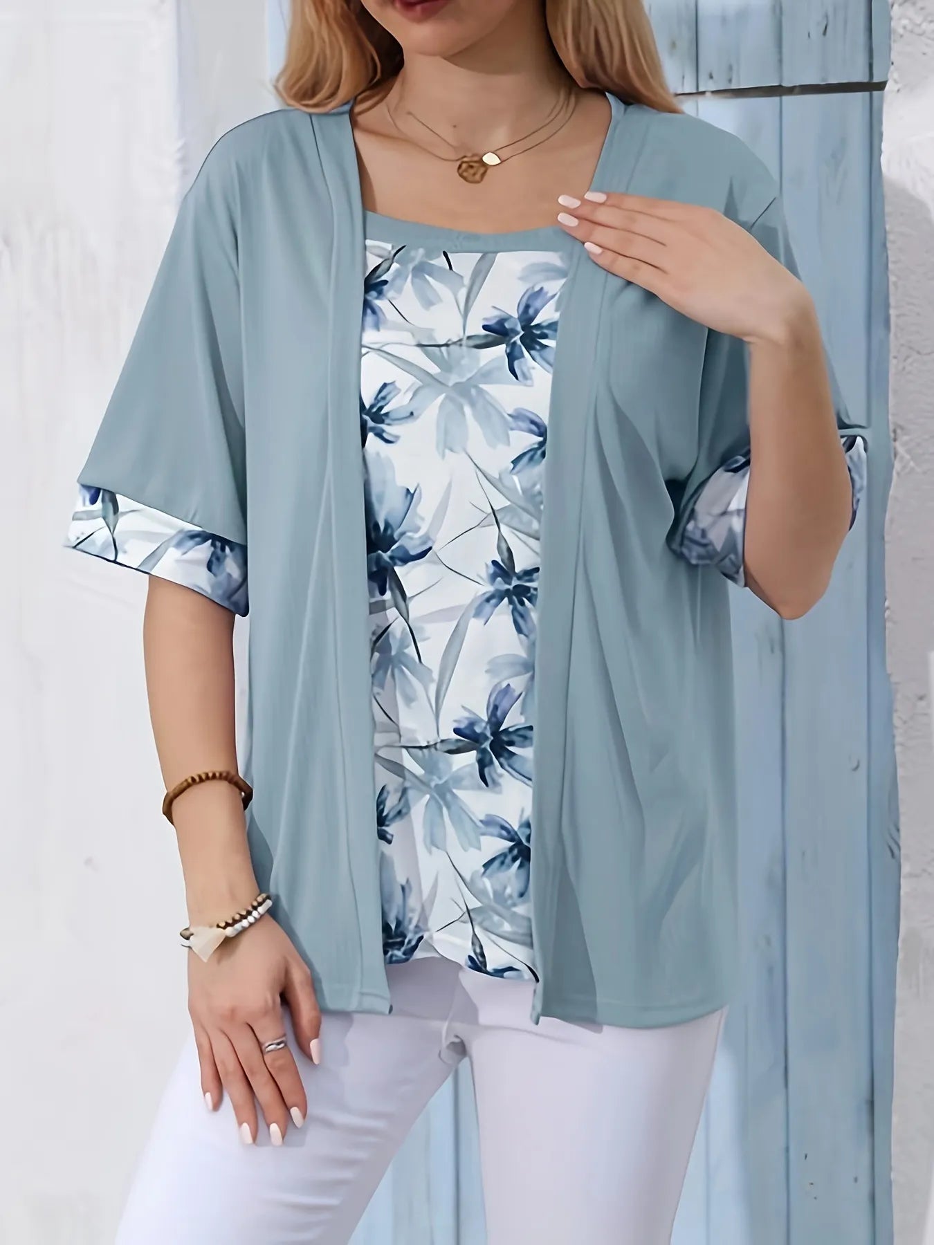 Square Neck Floral Print Fake Two-Piece Short Sleeve Loose Casual Top