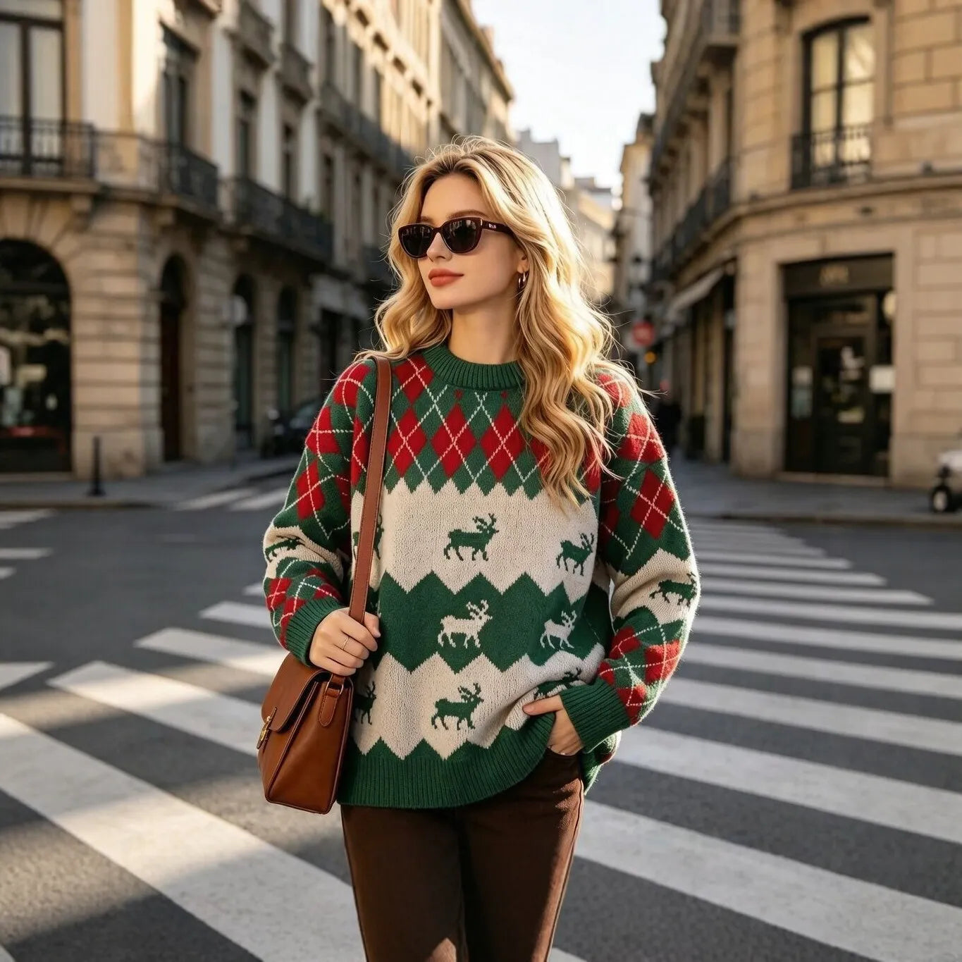 Christmas Reindeer Argyle Knit Sweater, Vintage Fair Isle Crew Neck Oversized Pullover Jumper