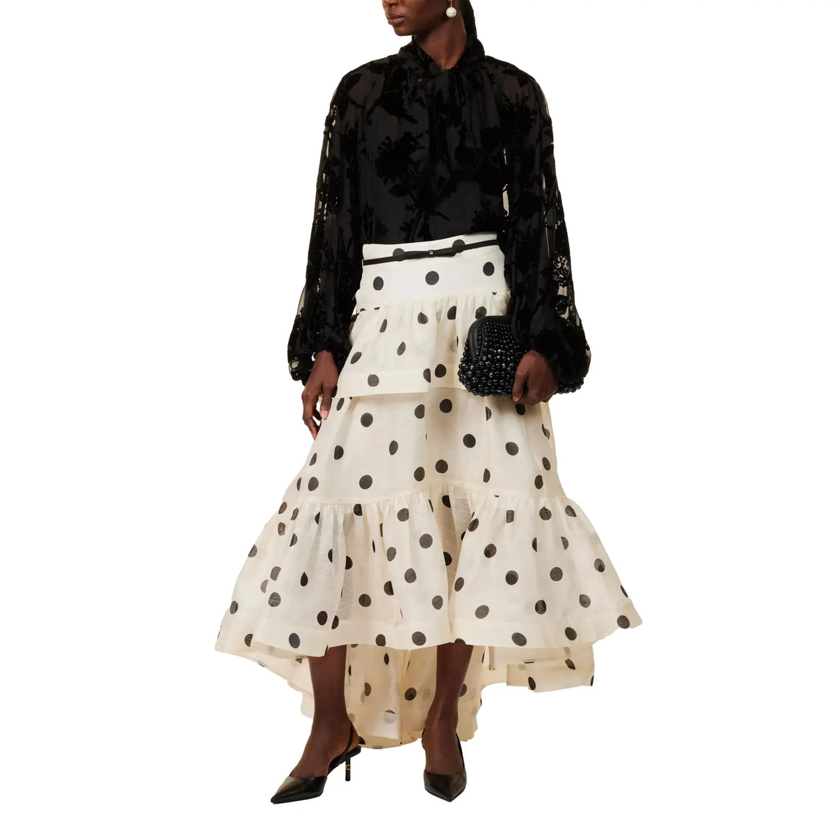 High Waist Polka Dot Tiered Midi Skirt