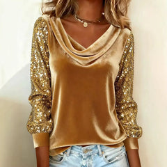 Gold Velvet Sequin Sleeve Cowl Neck Top