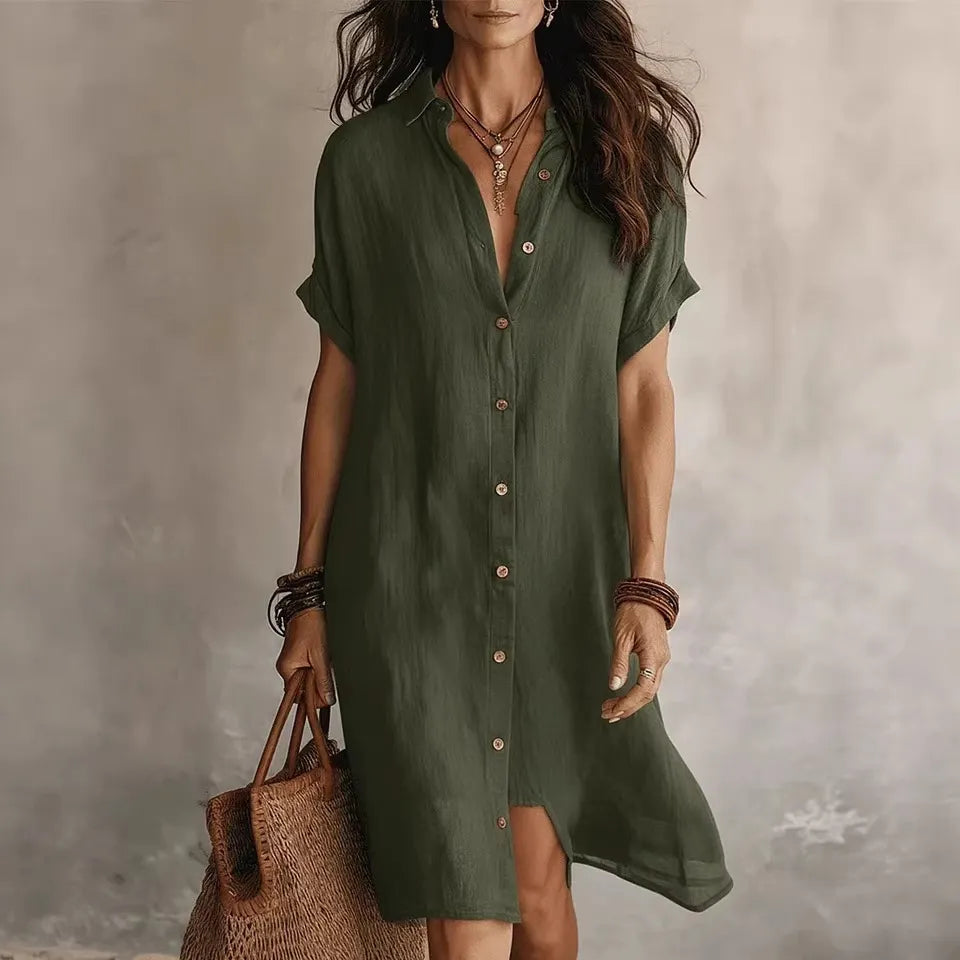 Lapel Short Sleeve Single Breasted Loose Cotton Linen Shirt Midi Dress