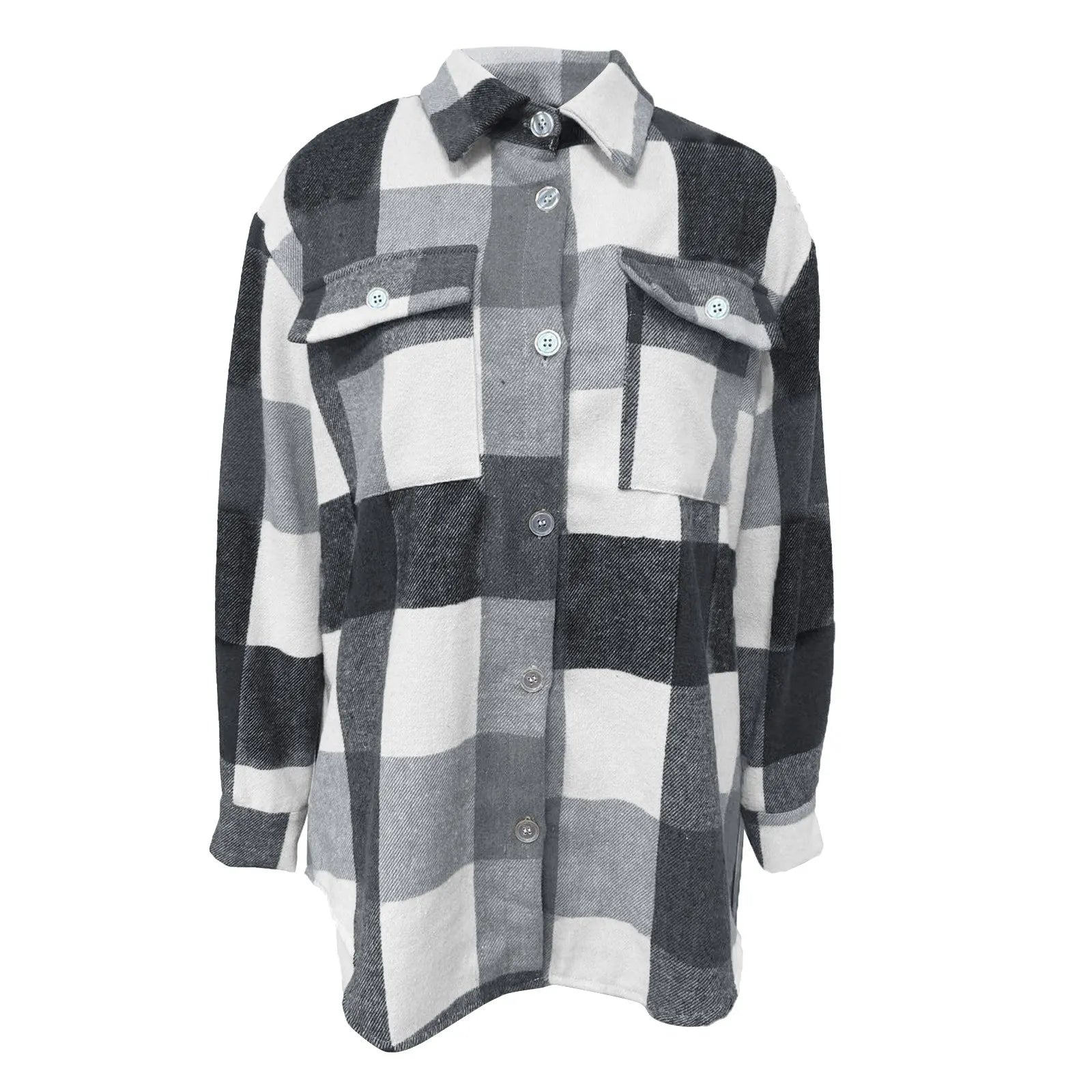 Grey Black Check Shacket, Loose Long Sleeve Plaid Shirt Jacket for Autumn