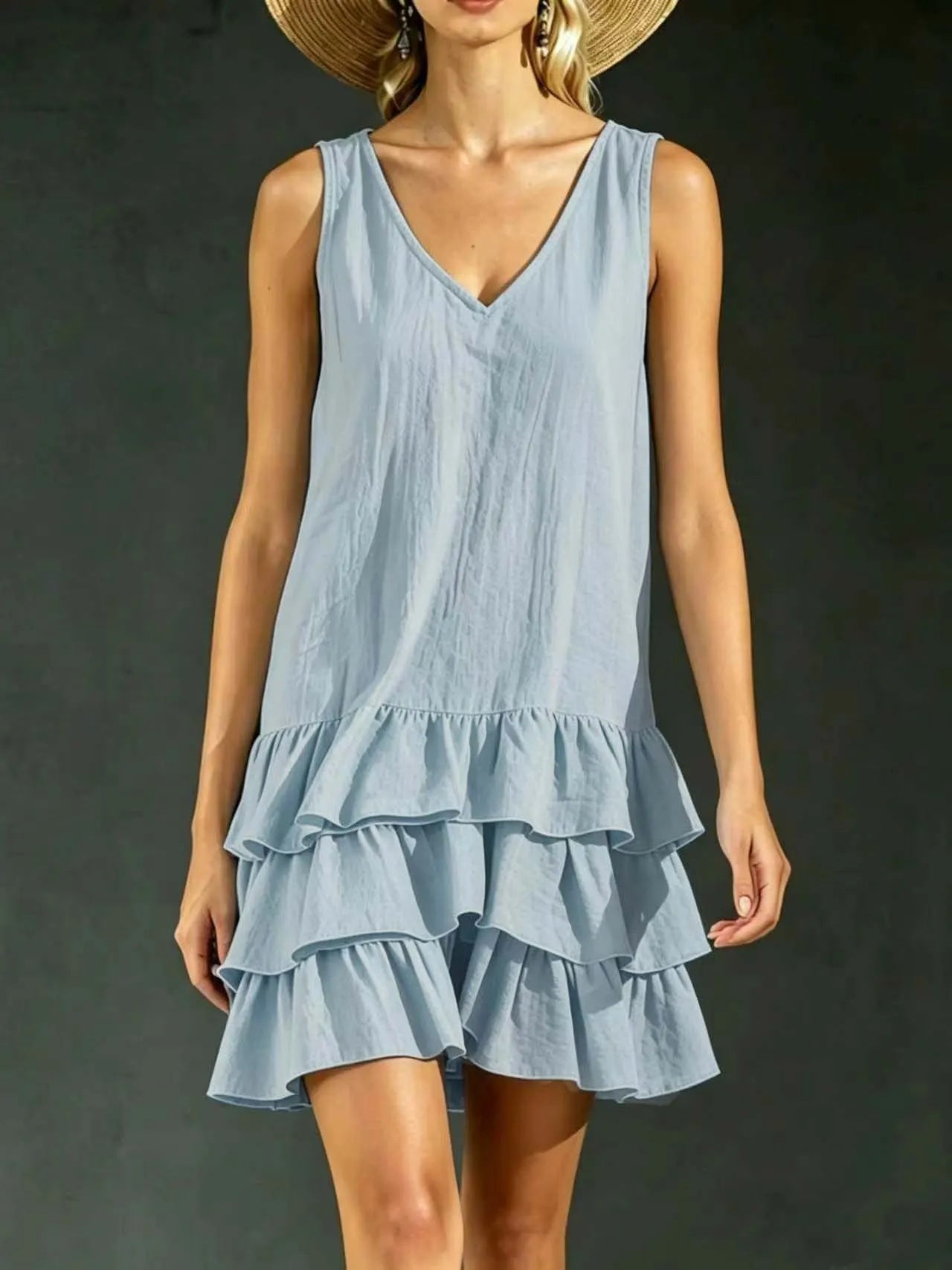 Solid V-Neck Sleeveless Layered Ruffle Spliced Straight Loose Mini Dress