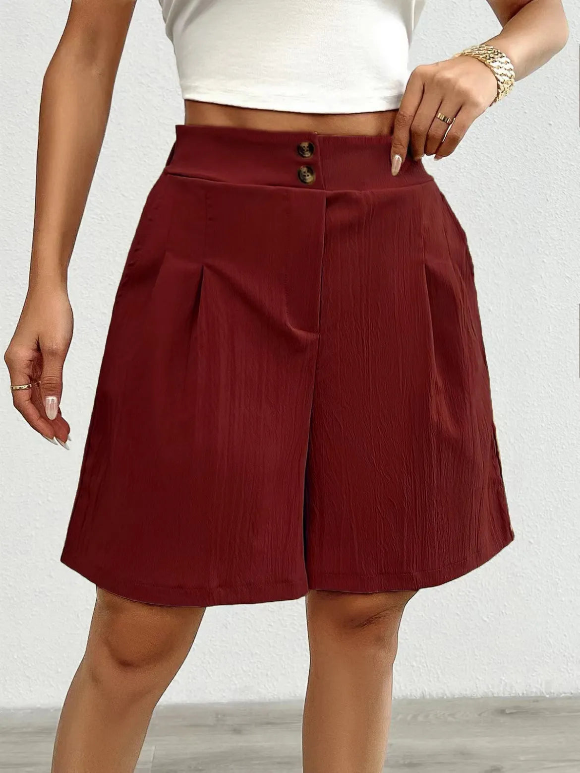 High Waist Double Button Pleated Casual Bermuda Shorts