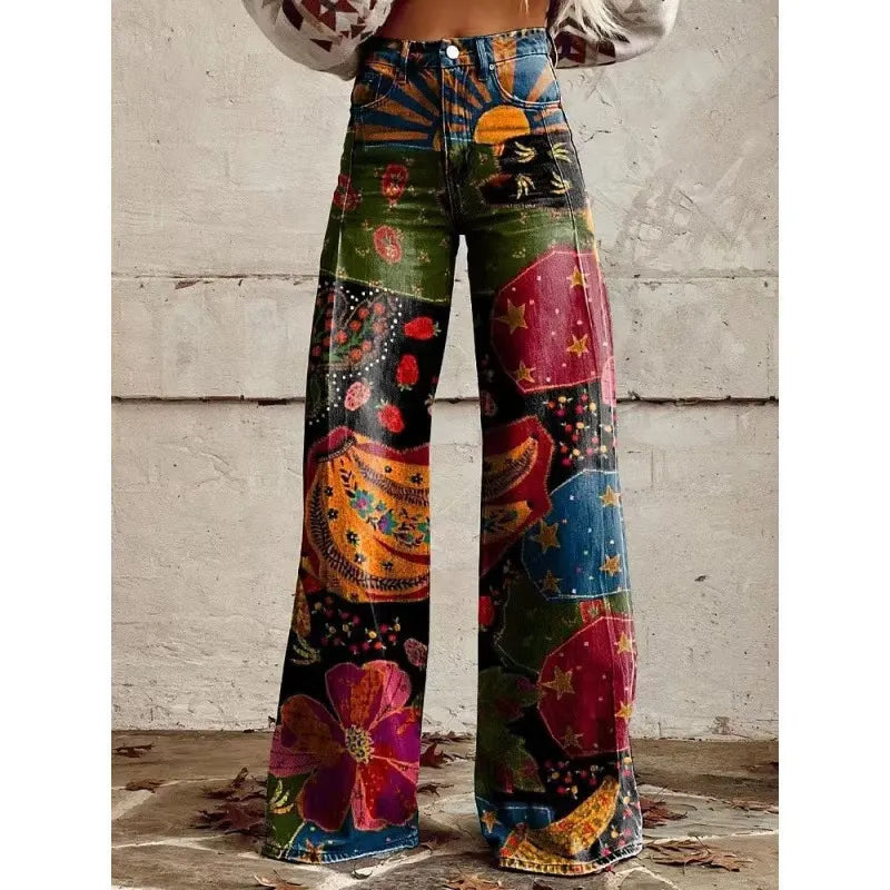 High Waist Western Cowboy Horse Print Wide Leg Pants