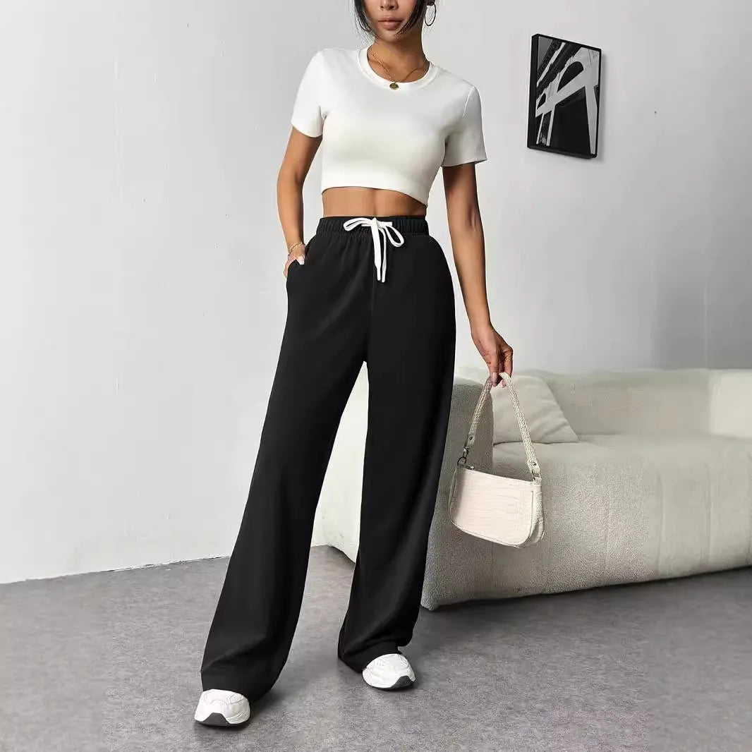 Elastic Drawstring High Waist Solid Wide Leg Sweatpants