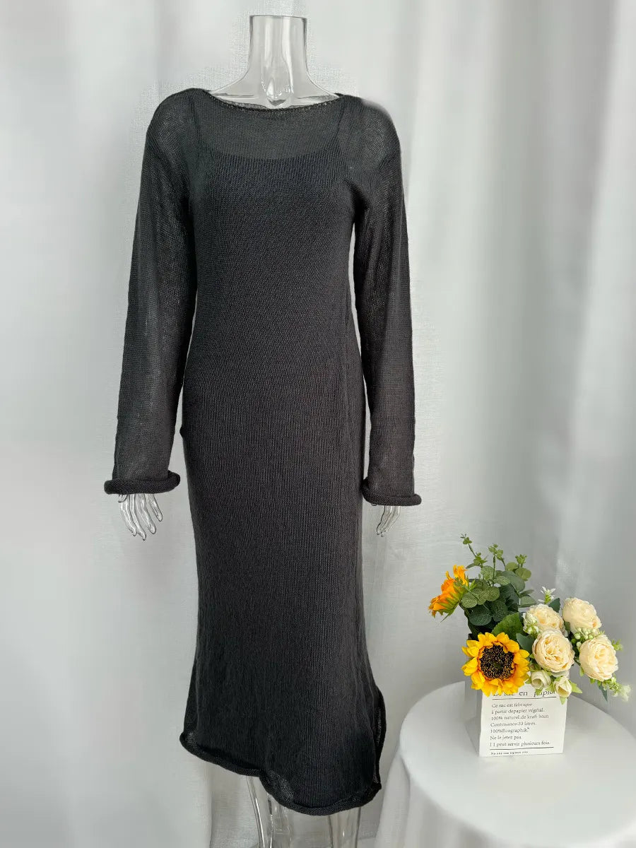 Light Pink Semi Sheer Knit Dress, Ladies Crew Neck Flared Sleeve Elegant Long Knit Midi Dress