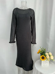 Light Pink Semi Sheer Knit Dress, Ladies Crew Neck Flared Sleeve Elegant Long Knit Midi Dress