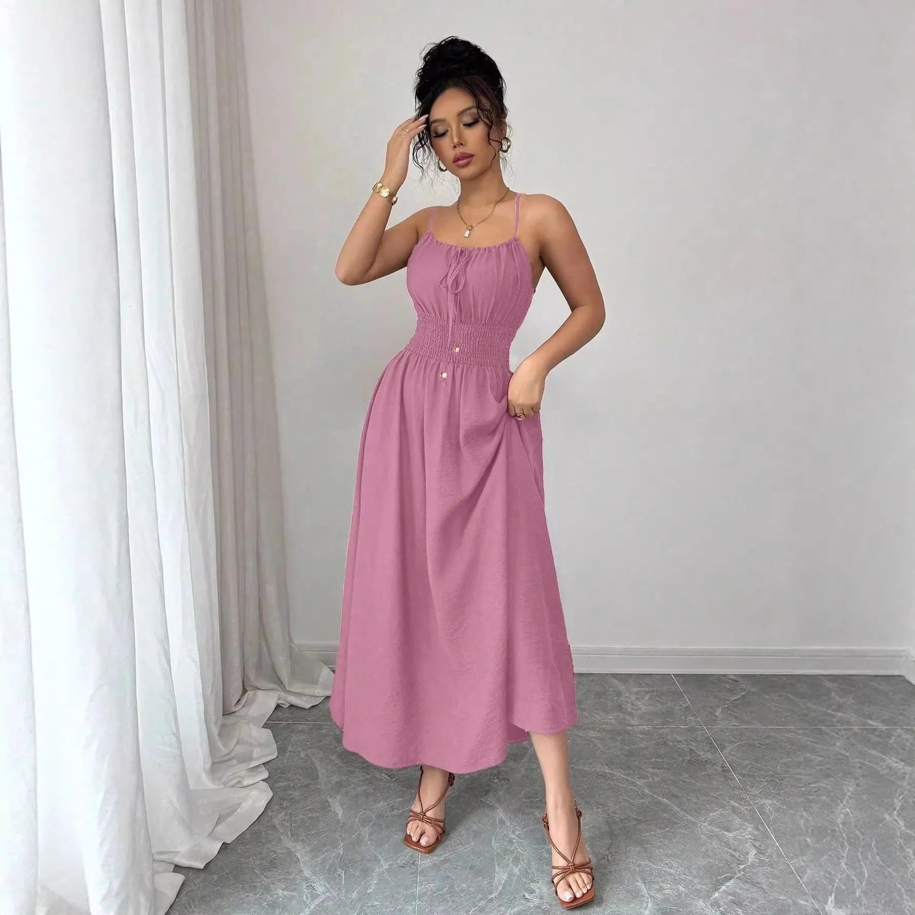 One-Shoulder Spaghetti Strap Smocked Elastic Waist Solid A-Line Maxi Dress