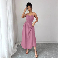 One-Shoulder Spaghetti Strap Smocked Elastic Waist Solid A-Line Maxi Dress