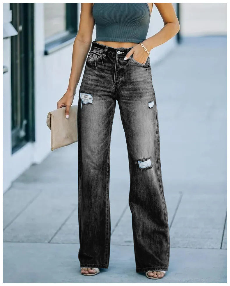 Ripped Distressed Wide Leg Denim Jeans