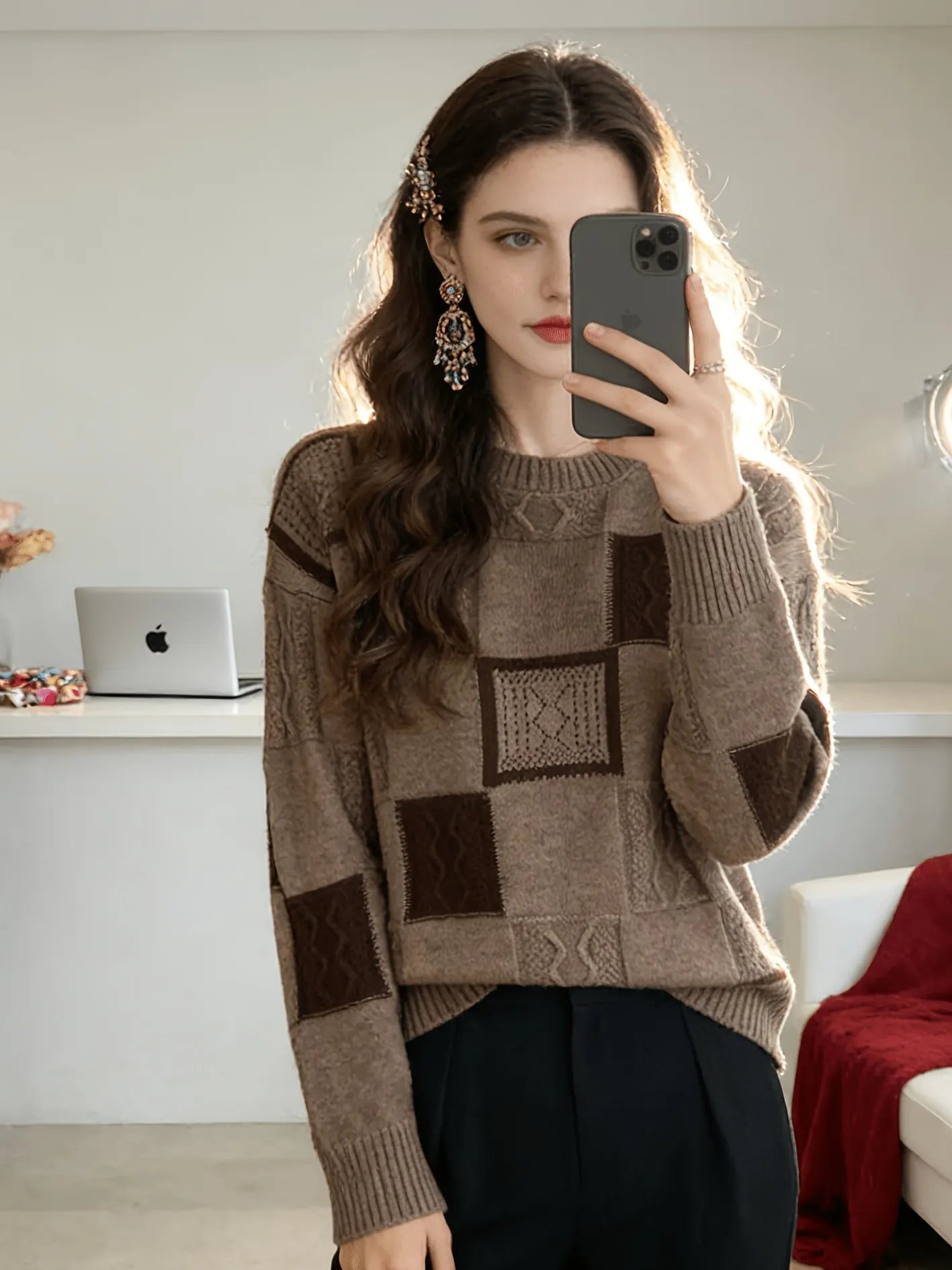 Color Block Patchwork Cable Knit Sweater
