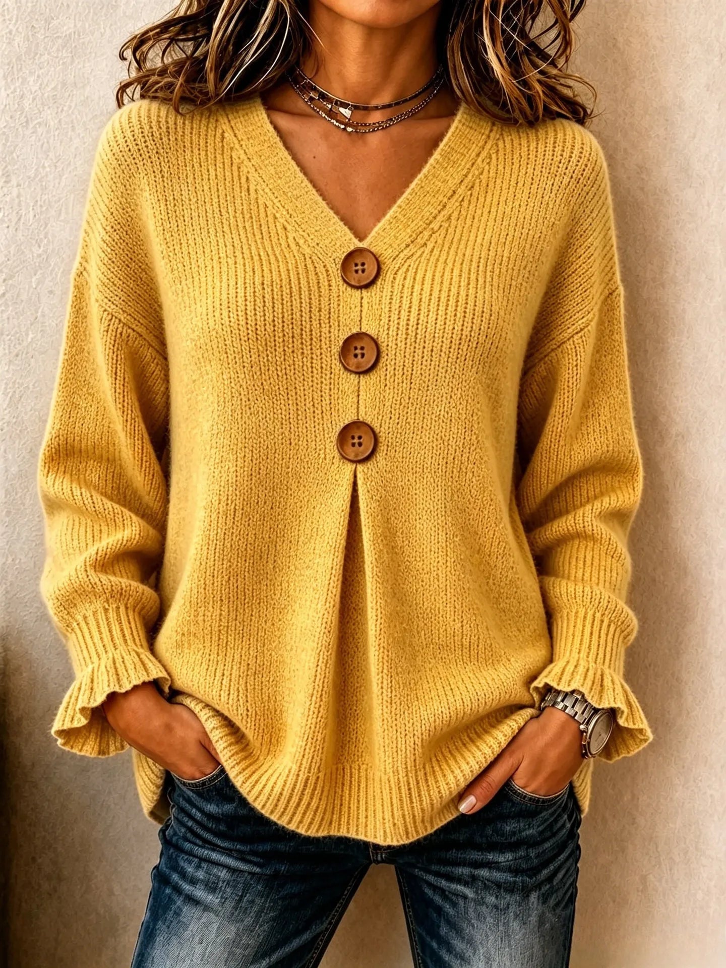 V‑Neck Button Detail Pullover Sweater