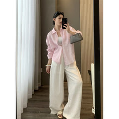 Solid Linen Oversized Collar Long Sleeve Pocket Shirt