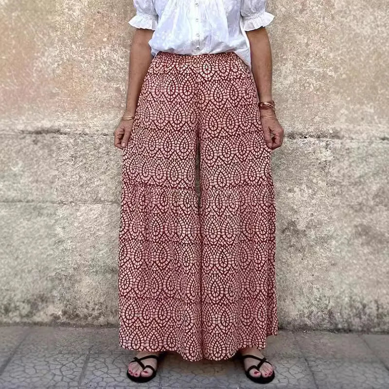 Striped Print High Waist Polyester Flared Wide Leg Long Casual Pants