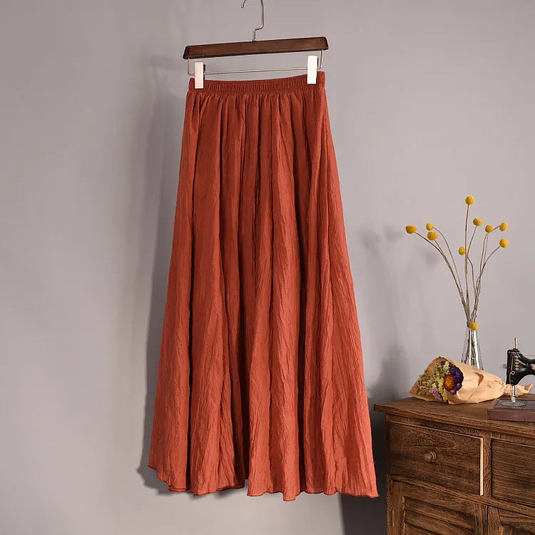 Linen Blend Maxi Skirt High Waist Pleated Flowy Skirt