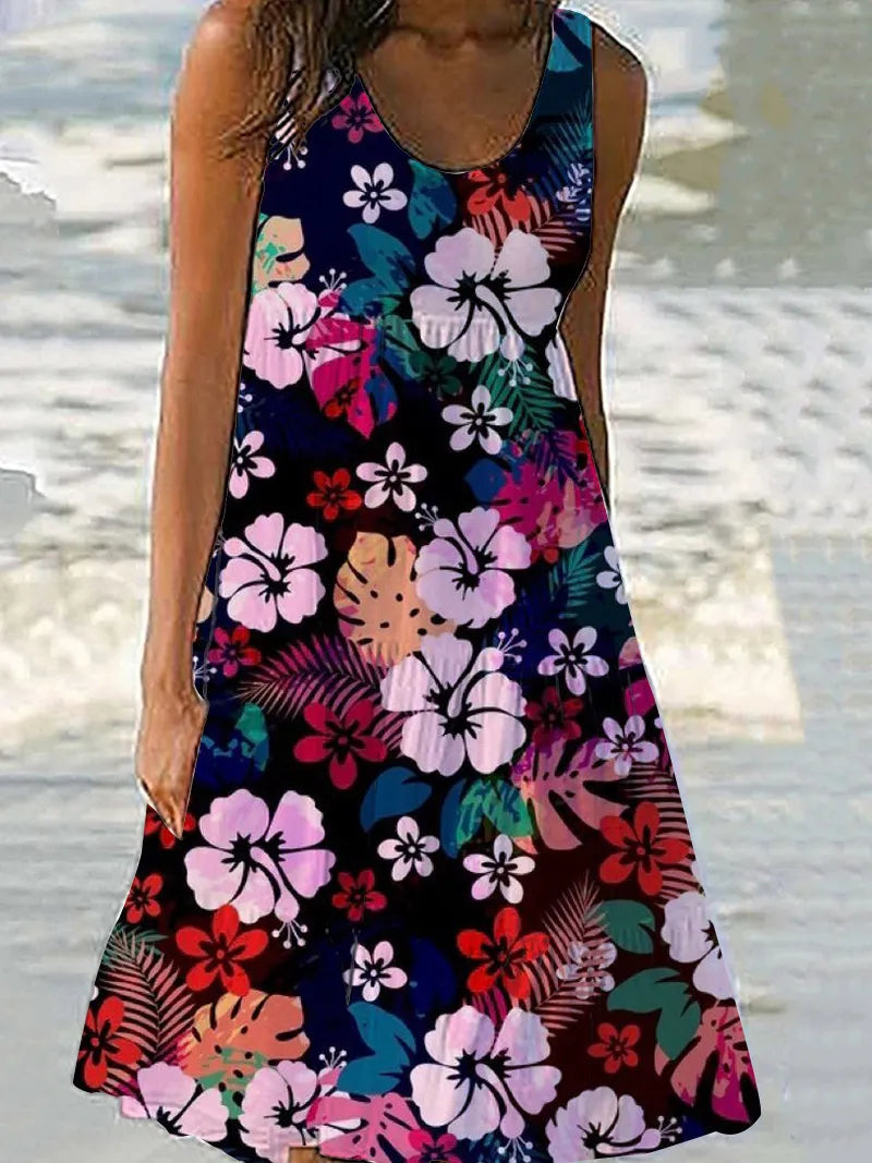 Floral Print Sleeveless Round Neck Tiered Midi Dress