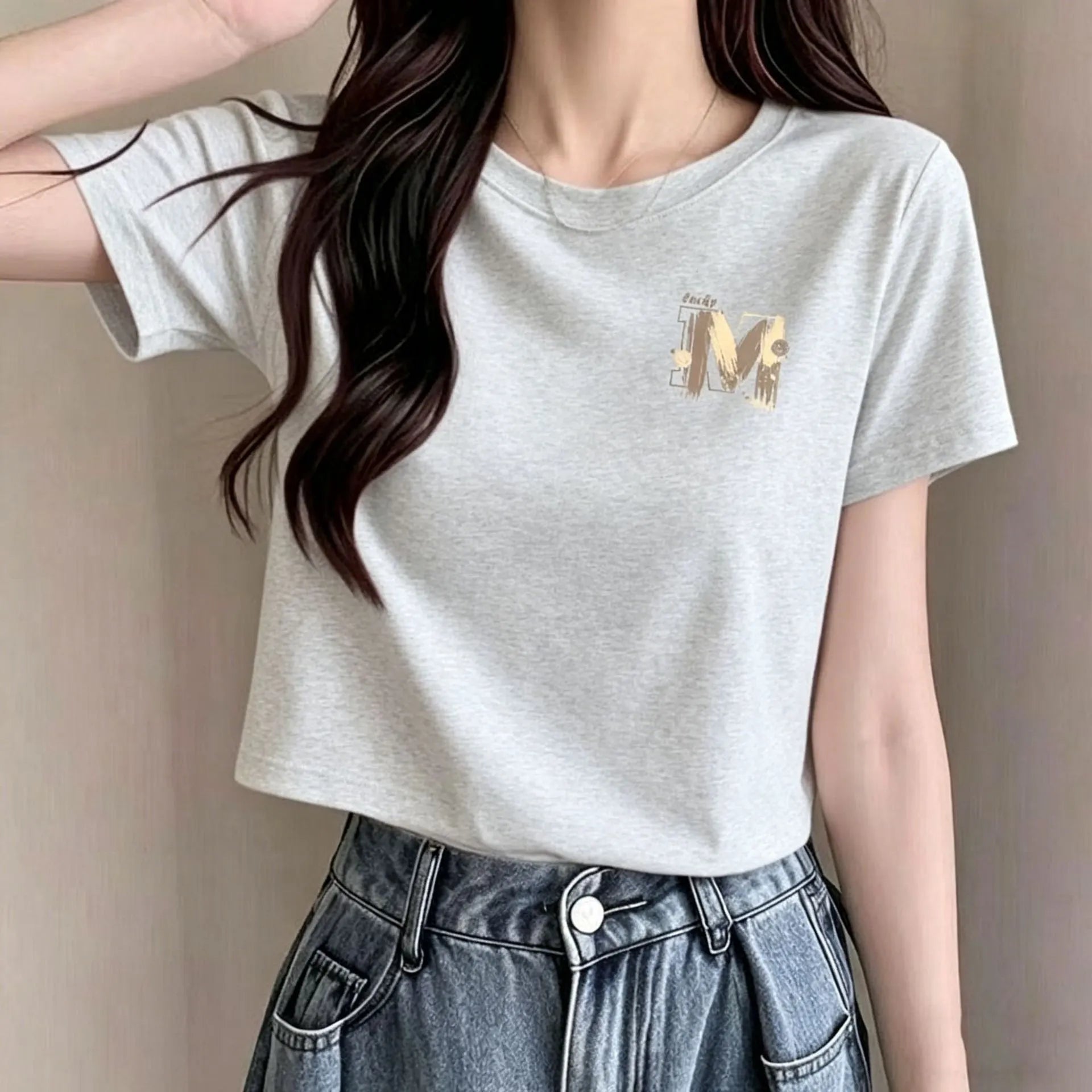 Crew Neck Letter M Print Slim Cropped Short Sleeve Cotton T-shirt