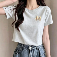 Crew Neck Letter M Print Slim Cropped Short Sleeve Cotton T-shirt