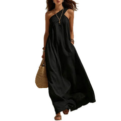 One Shoulder Draped Linen Maxi Vacation Dress