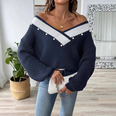 Color Block Beaded Off-Shoulder V-Neck Loose Knit Sweater