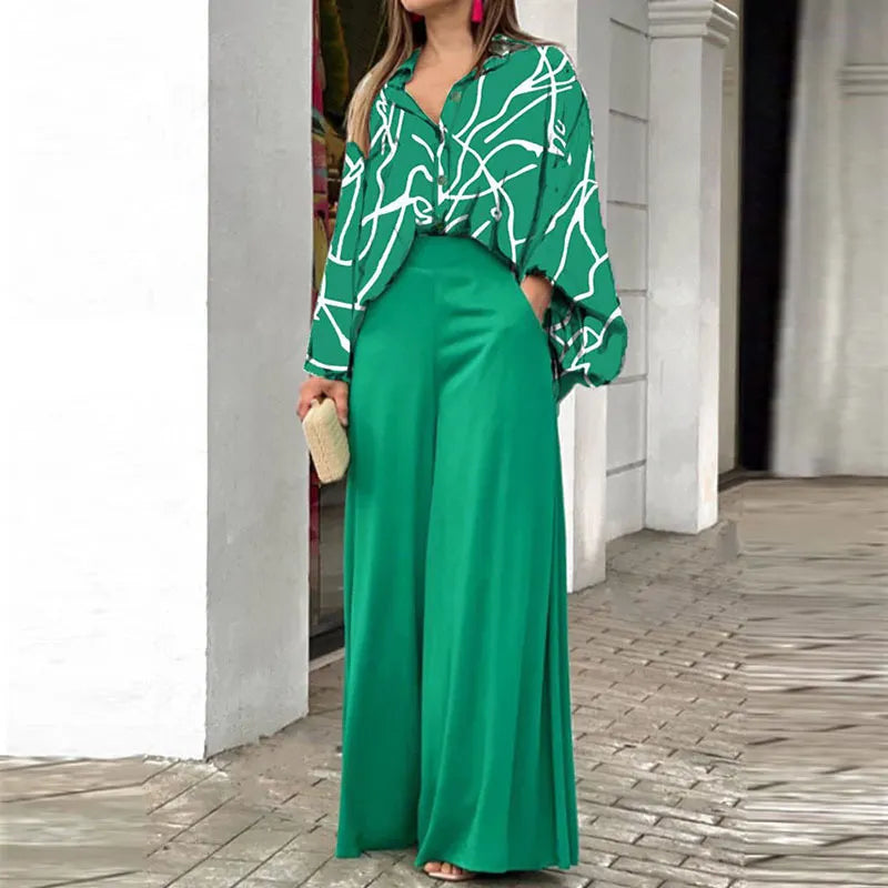 Floral Print Long Sleeve Shirt & Wide Leg Pants Two Piece Set