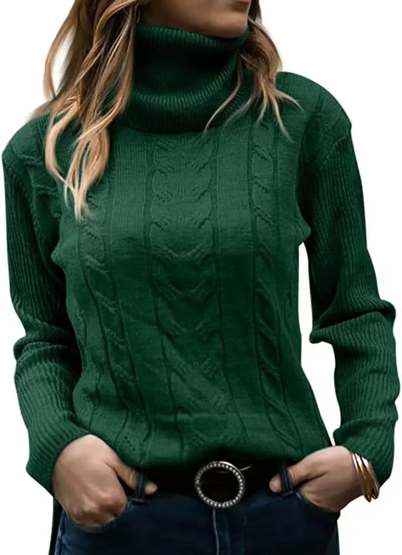 Thick Cable Knit Turtleneck Sweater, Classic Warm Long Sleeve Winter Jumper
