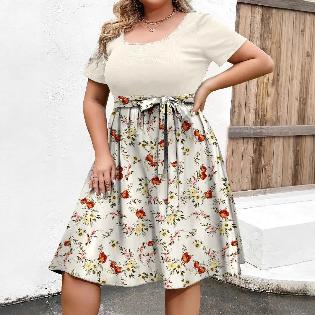 Plus Size Floral Belted A-Line Midi Dress Round Neck Short Sleeve Elegant Casual Daily Dress