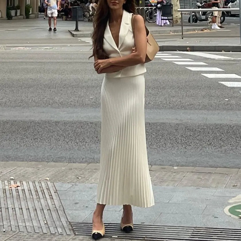 Sleeveless Blazer Vest & Pleated Midi Skirt 2 Piece Set