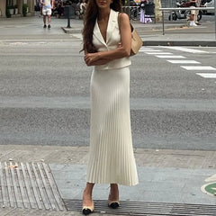 Sleeveless Blazer Vest & Pleated Midi Skirt 2 Piece Set