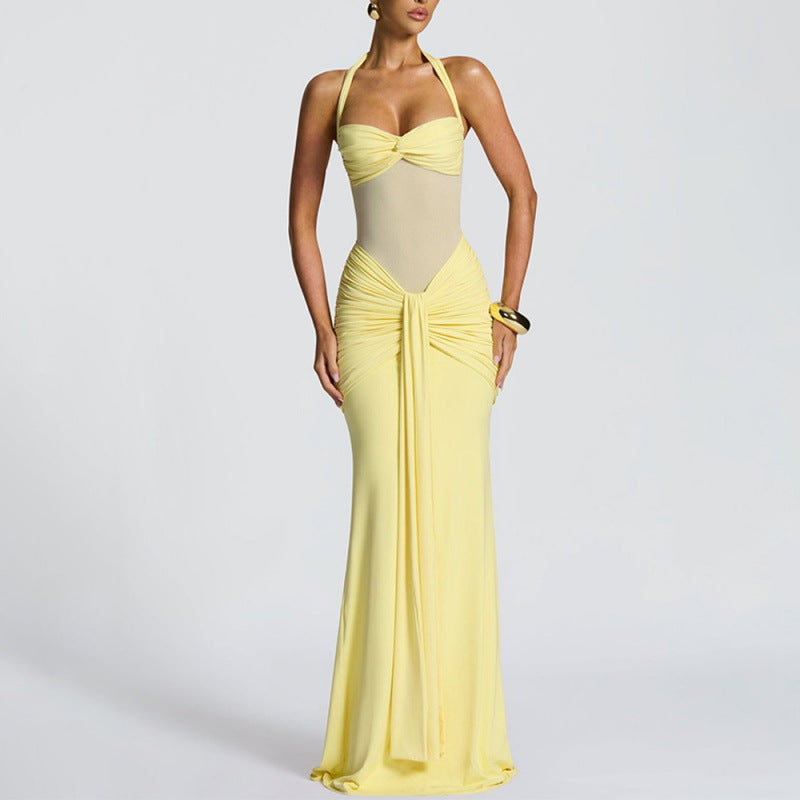 Burgundy Halter Mesh Cutout Mermaid Maxi Dress