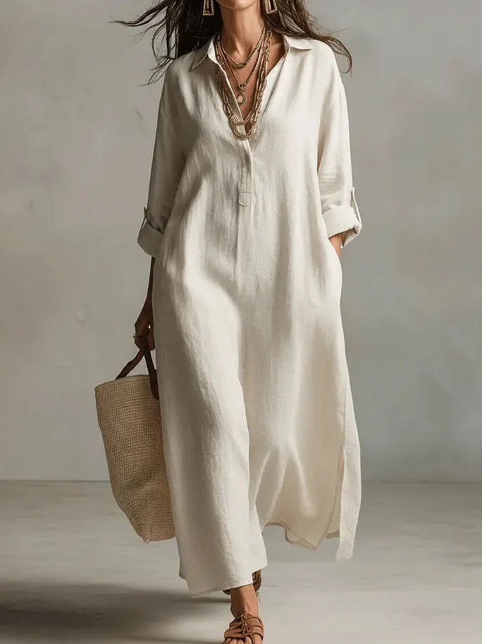 Shirt Collar Seven-Quarter Sleeve Loose Cotton Linen A-Line Maxi Shirt Dress