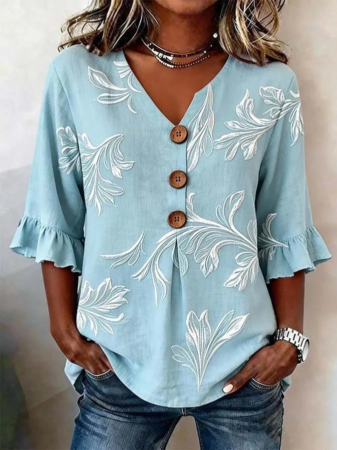 Round Neck Floral Printed Single Breasted 3/4 Ruffle Sleeve Loose Blouse
