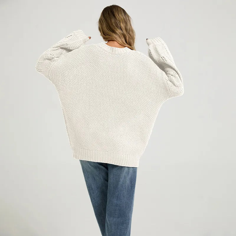 Textured Waffle Knit Oversized Crewneck Sweater Hollow Cable Sleeve Fall Jumper
