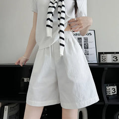 High Waist Elastic Waistband Micro-Stretch Cotton Wide-Leg Five-Point Shorts
