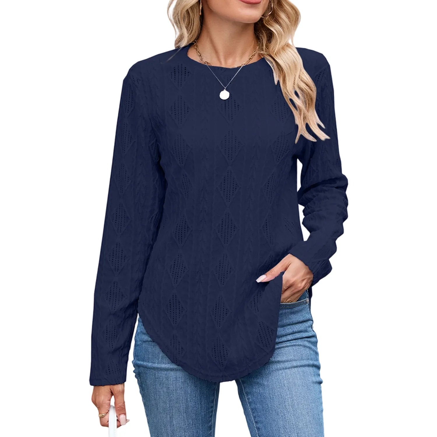 Back Button Hollow Out Curved Hem Blouse