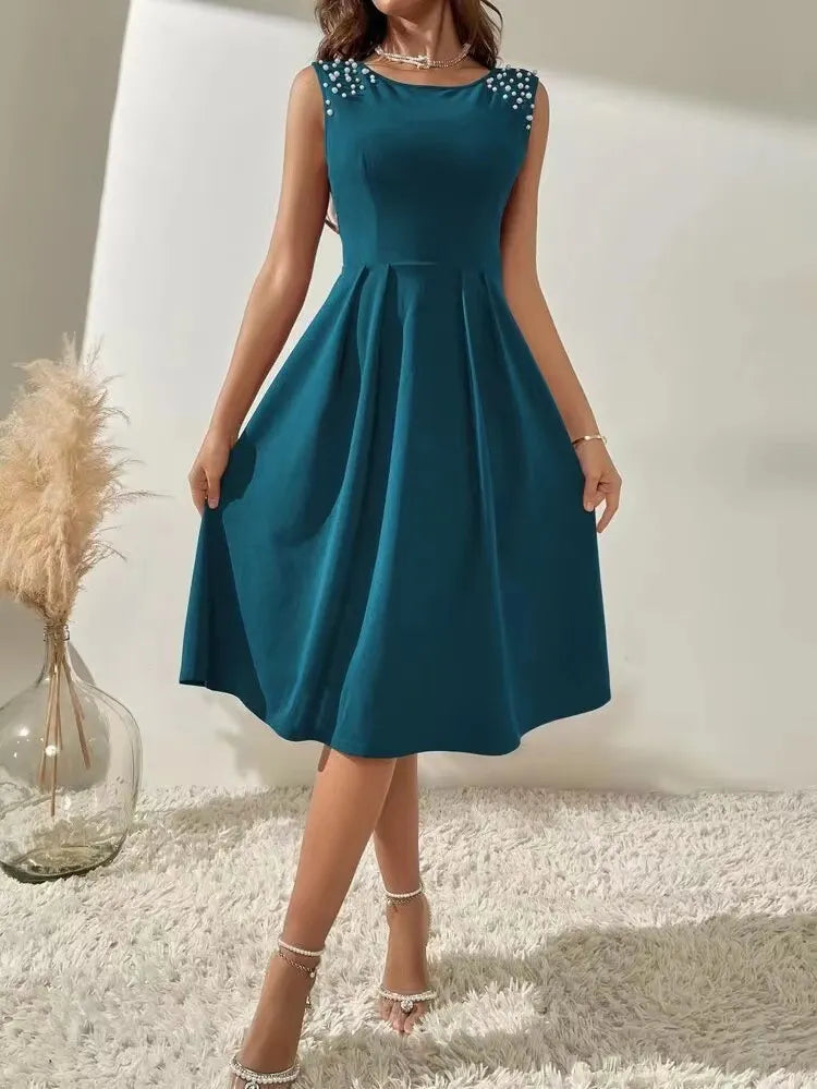 Sleeveless Pearl Decor Midi Swing Dress