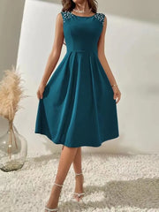Sleeveless Pearl Decor Midi Swing Dress