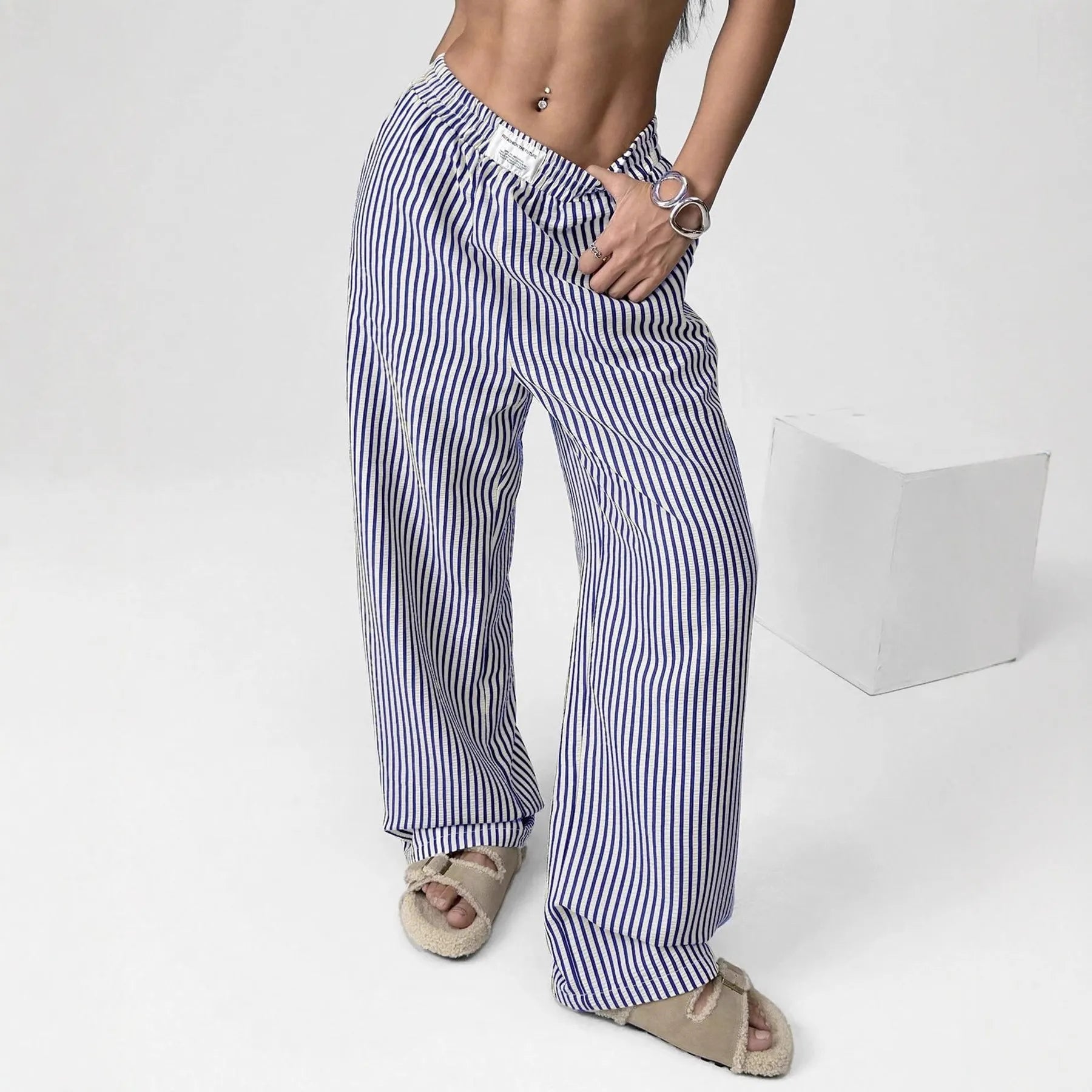 Striped Elastic Waist Straight Leg Casual Long Pants