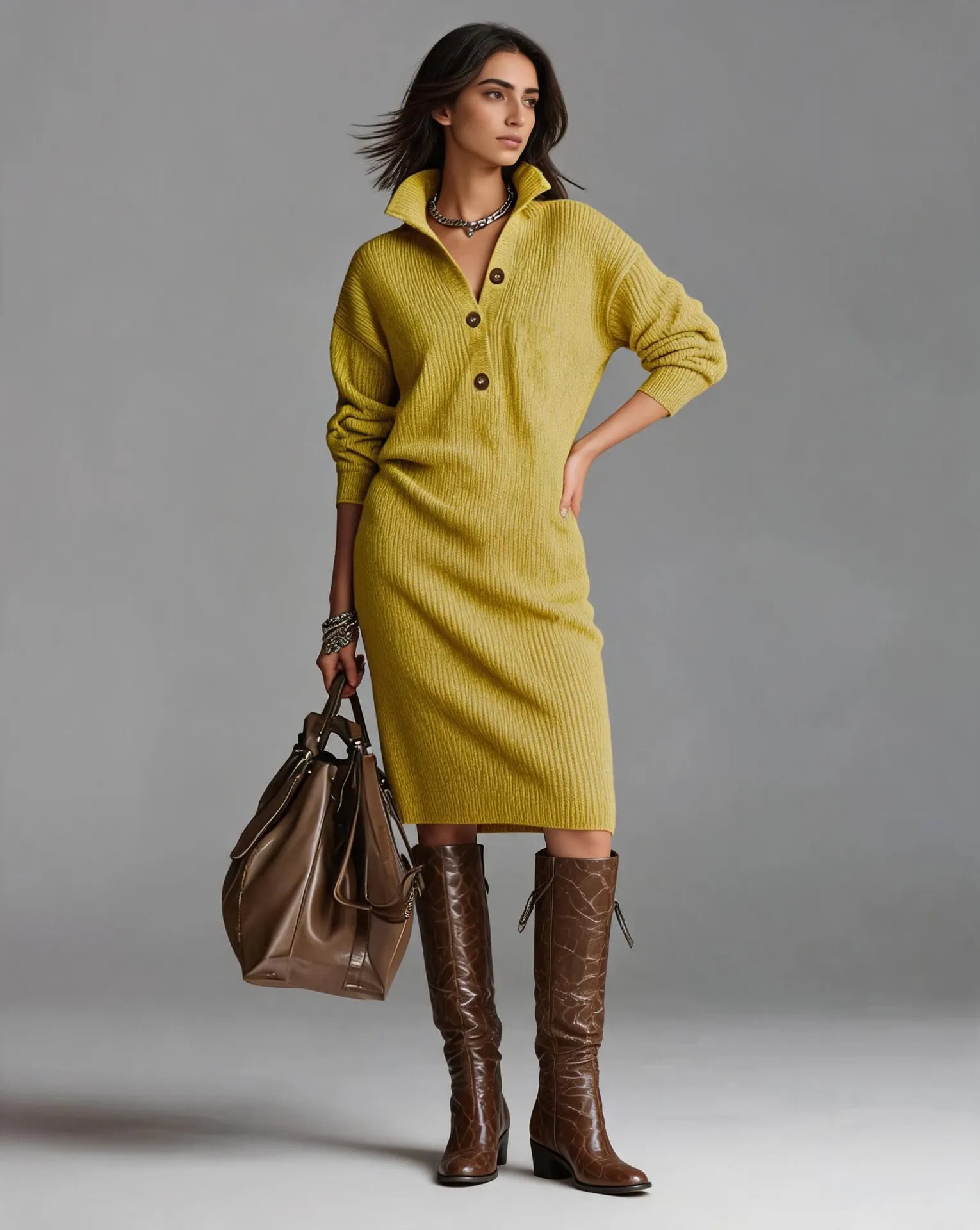 Collared Henley Button Front Loose Sweater Dress