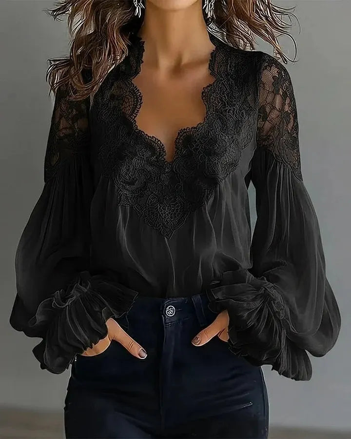 Solid Lace Trim V-Neck Blouse