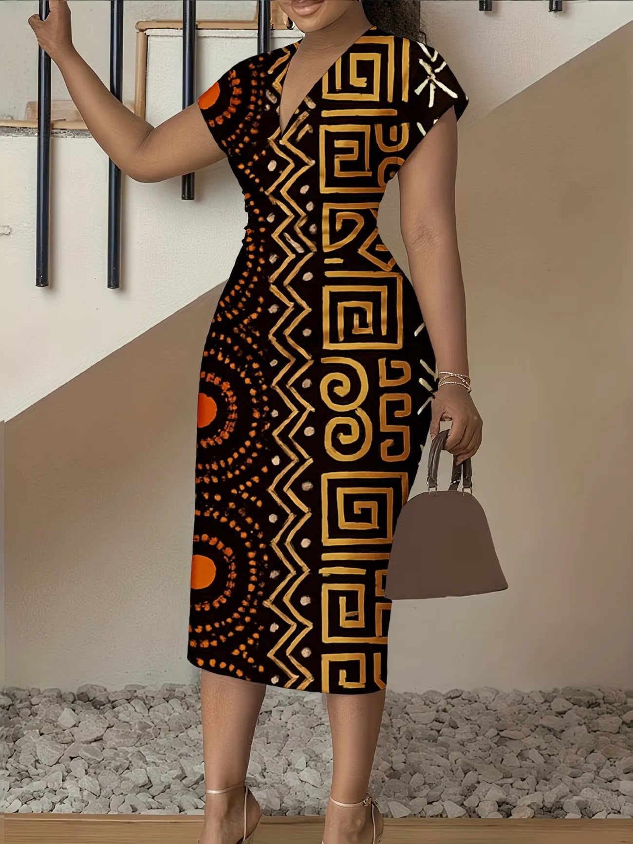 3D Stereoscopic Color Block Deep V-Neck Bodycon Midi Dress